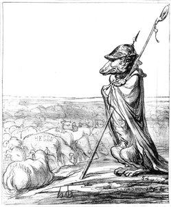 "La Fontaine megújult", pásztornak álcázott porosz farkas őrzi a német juhokat, a "Le Charivari"-ból, 1867. október 10.